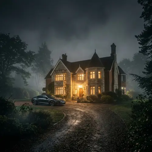Tranquil Misty House with Luxury Audi in Evening Glow