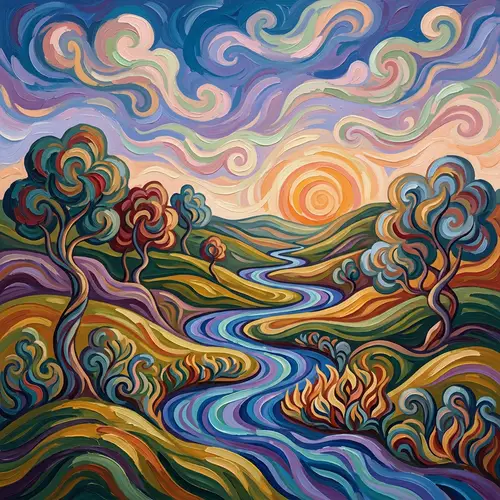 Surreal Nature Illustration with Rolling Hills and Dream-Like Clouds