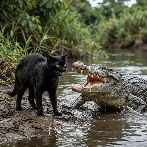 Courageous Cat Shadow Stands Up to Threatening Crocodile