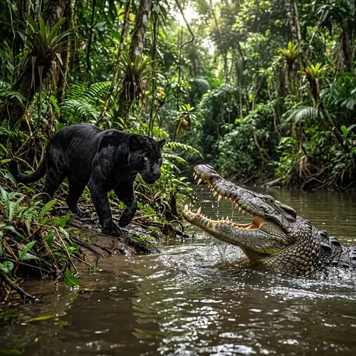 Brave Black Panther Shadow Encounters Massive Crocodile in Vibrant Jungle