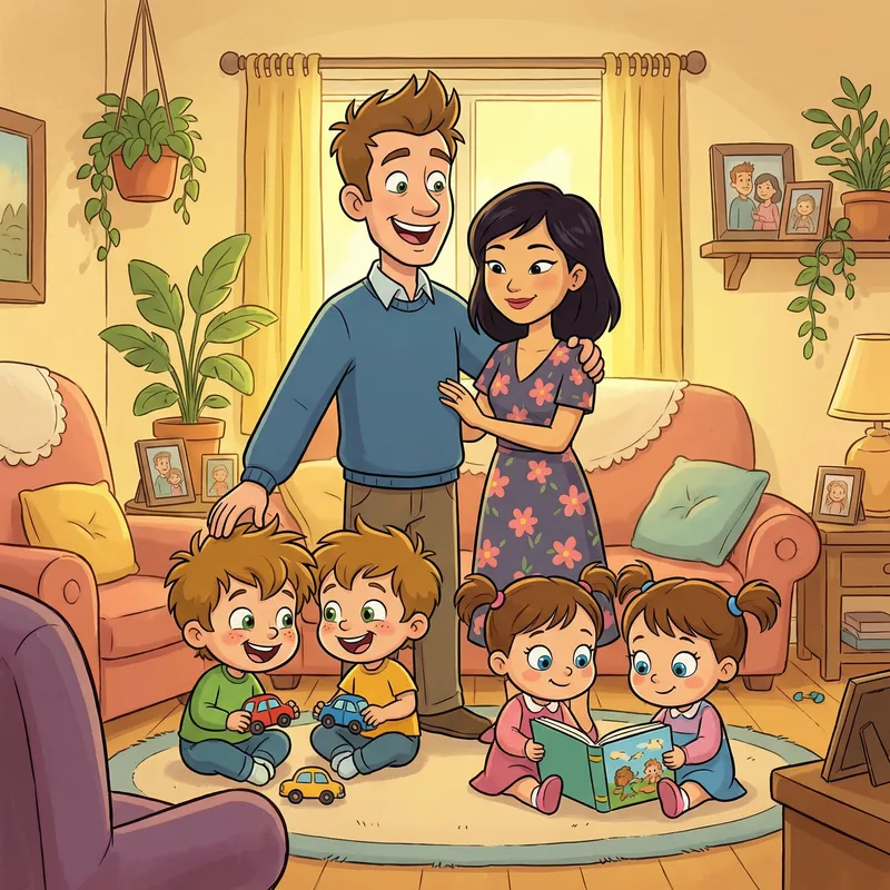 Joyful Family Portrait in Cartoon Style
