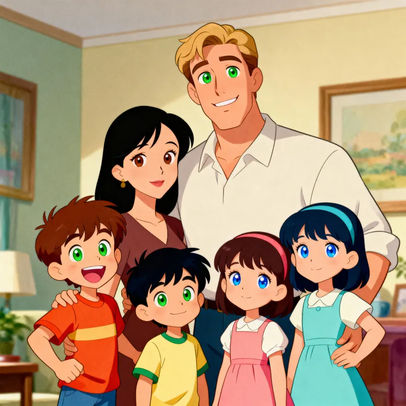 Joyful Family Portrait in Cartoon Style