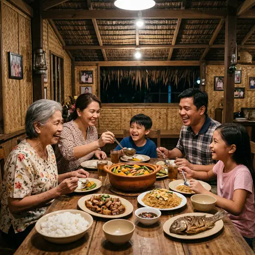 Joyful Filipino Family Sharing Traditional Pinakbet Meal