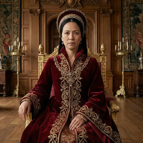 Regal Queen in Majestic Red Dress | Refined & Stern Look