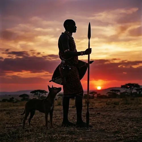 African Warrior and Loyal Dog at Sunset | Strength and Loyalty
