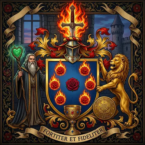 Heraldic Shield with Roses and Symbols