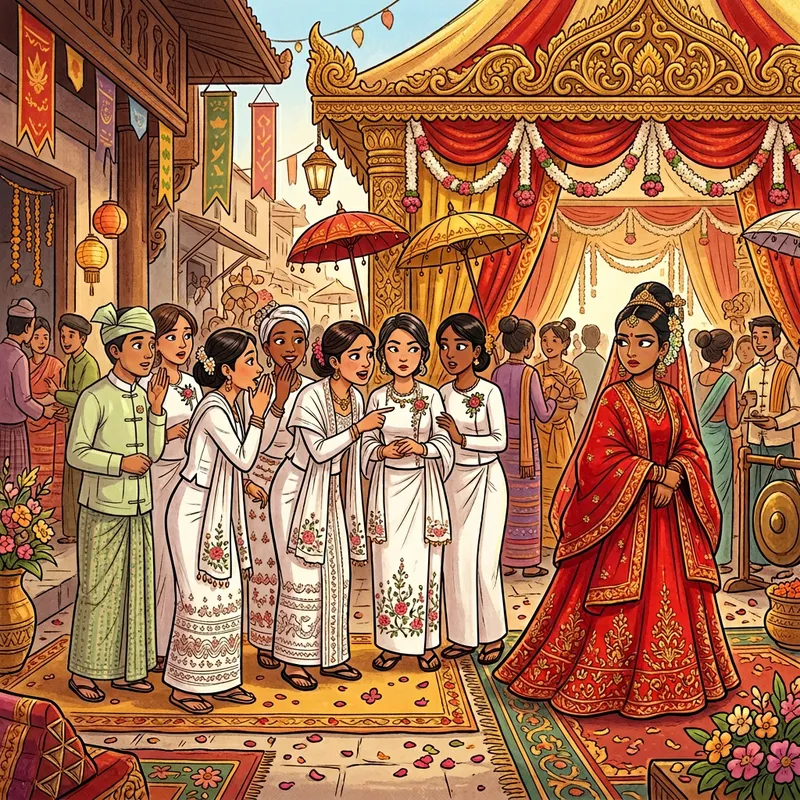 Cartoon Wedding Scene Depicting Myanmar Culture and Disapproving Gossips