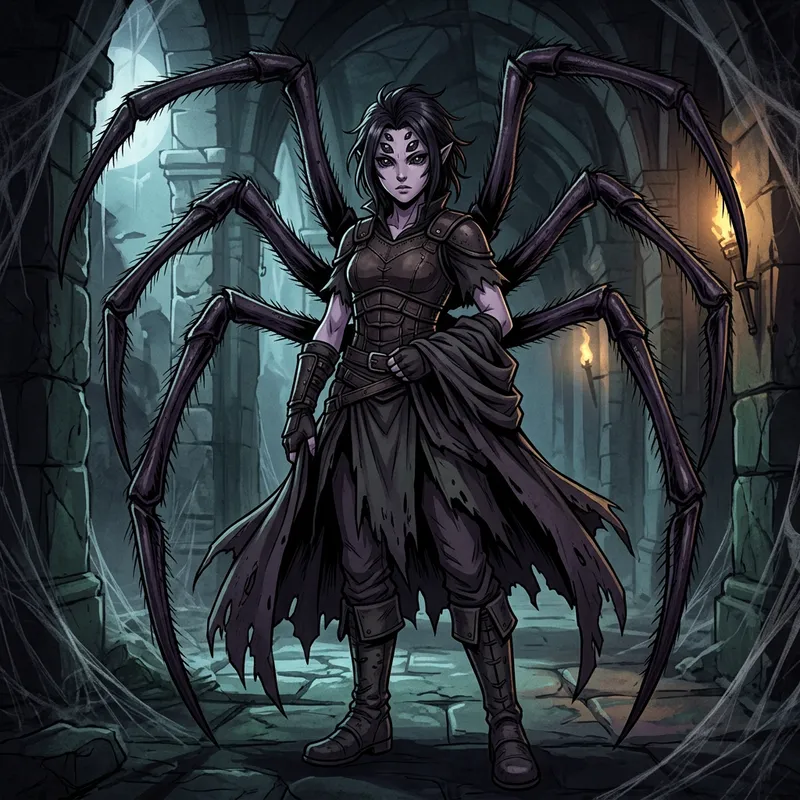 Dark Fantasy Spider-Like Humanoid with Four Eyes