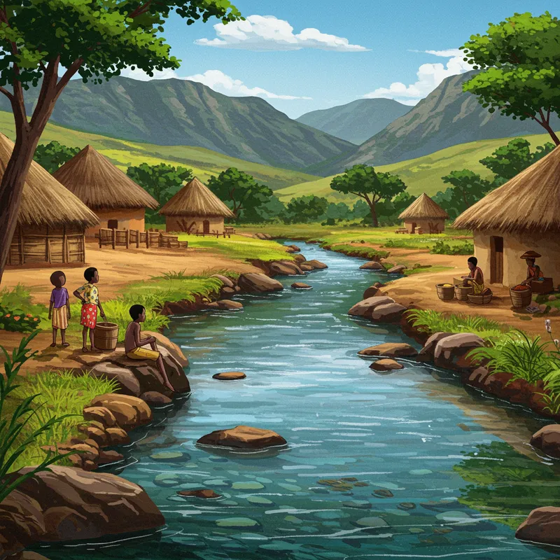 Animation of African Village with a Life-Giving River