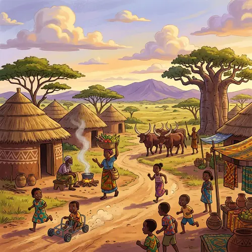 Animation of African Village with a Life-Giving River