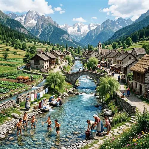 Charming Village by the Sparkling River