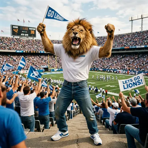 Cheering Lion in Casual Wear: Fun and Fashion