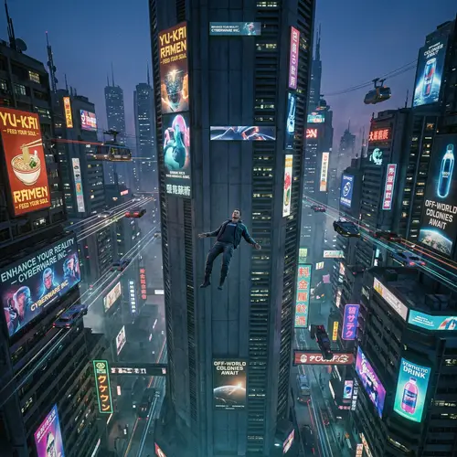 Iconic Falling Scene reminiscent of Blade Runner