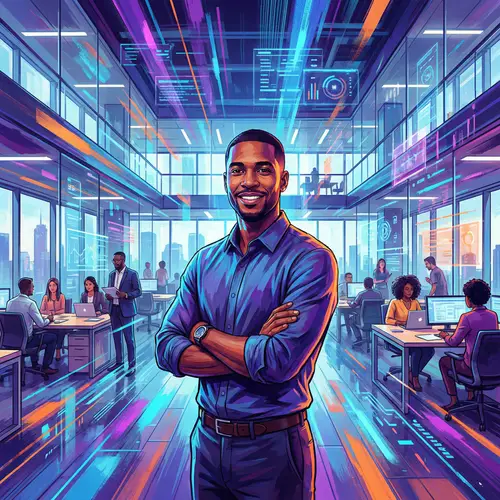 Professional Diverse Man in Modern Office Space - Vibrant Colors & Technology-inspired Scene