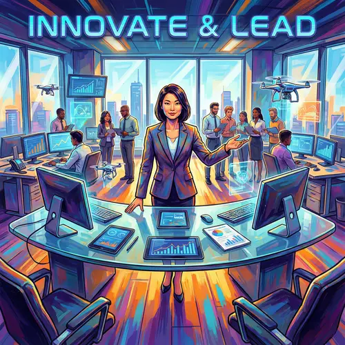 Confident East Asian Professional in Modern Office Space | Vibrant Colors & Technology-Inspired Scene