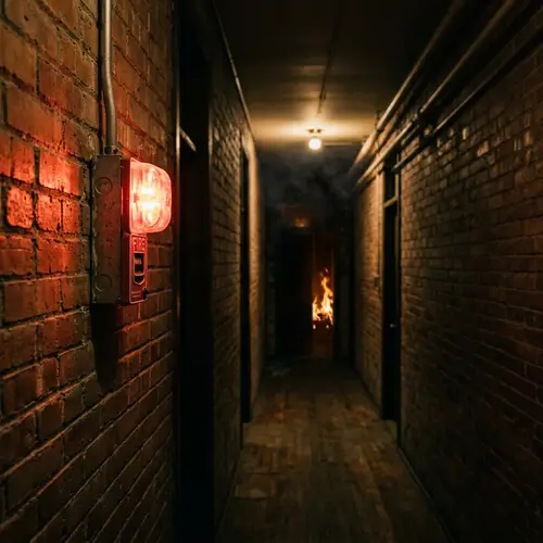 Intense Fire Alarm Scene in Dark Hallway | Eerie Flames