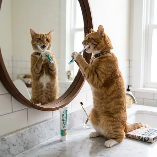Cat Brushing Teeth in Mirror: Fun Pet Moments