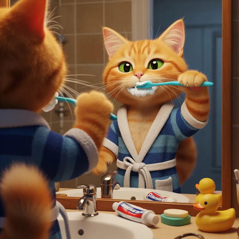 Cat Brushing Teeth in Mirror: Fun Pet Moments