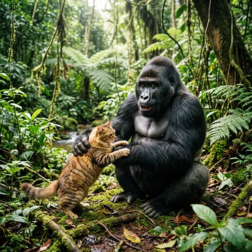 Cat vs Gorilla Wrestling Match: Playful Encounter in Natural Jungle