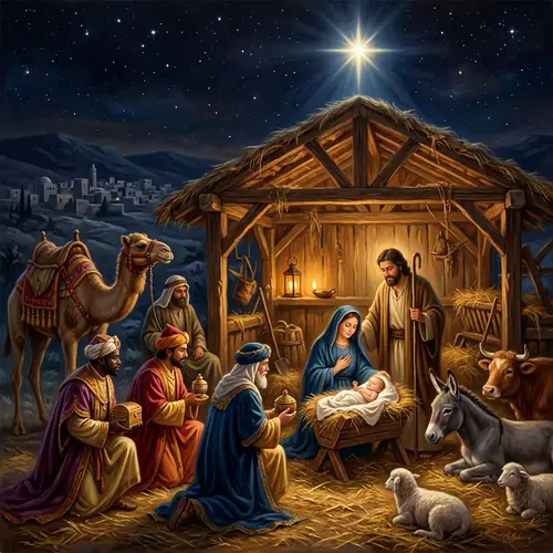 Nativity Scene with Mary, Joseph, Baby Jesus & Three Wisemen