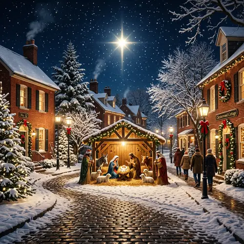 Charming Nativity Scene in Festive Neighborhood - Holiday Decorations