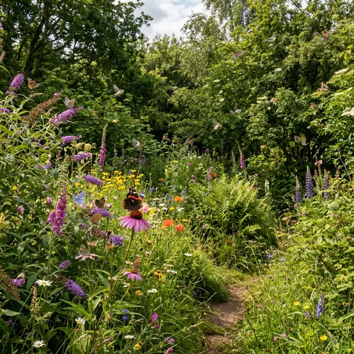 Tranquil Ecological Garden with Native Plants, Birds, and Butterflies