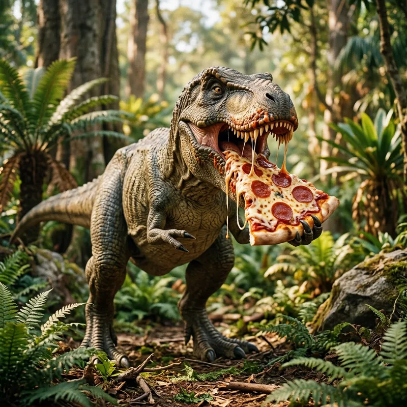 T-Rex Eating Pizza - Dinosaur Enjoying Slice