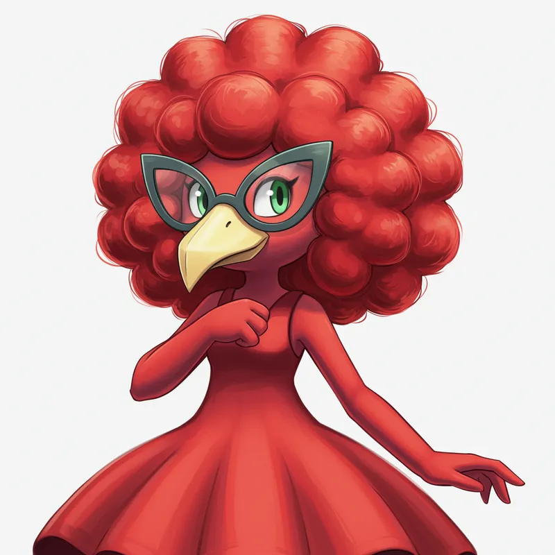 Red Beaked Pokémon with Curly Hair and Dress
