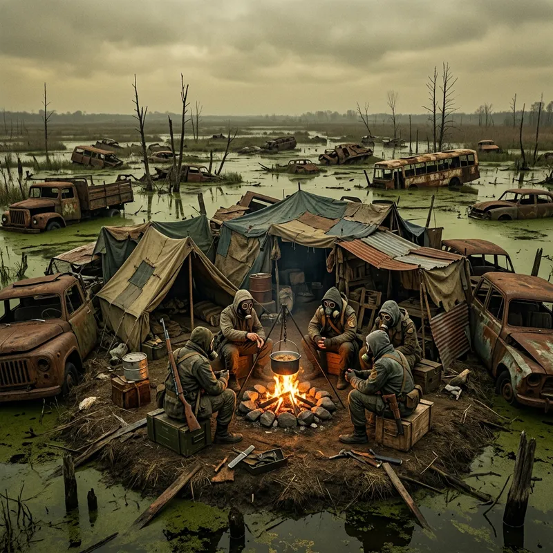 Nomad Camp Amidst Post-Apocalyptic Swamp | Camaraderie & Chaos