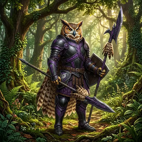 Owl-Man in Light Black and Purple Armor | Forest Scene