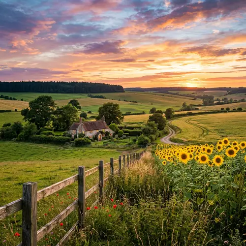 Tranquil Countryside Scene: Green Hills, Farmhouse, Sunflowers