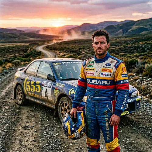 1990s Rally Car Driver | Colorful Racing Suit & Dust-covered Rally Car