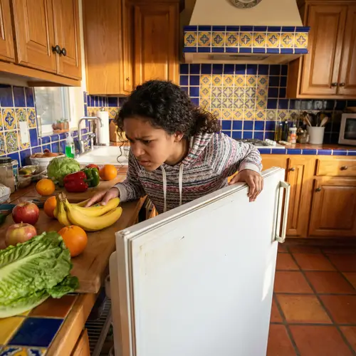 Hungry Hispanic Girl in Kitchen Seeking Food | Cooking Urgency