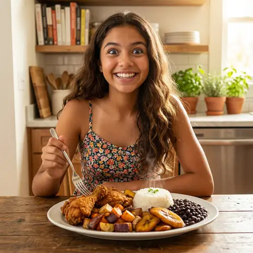 Hungry Hispanic Teenage Girl at a Feast | Delicious Food Scene