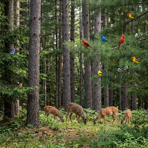 Tranquil Forest Scene with Deer and Colorful Birds