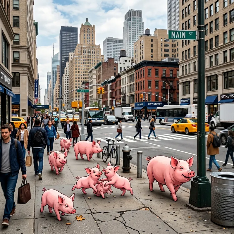 Adorable Cityscape with Playful Pink Piglets | Urban Adventure Adorable Cityscape with Playful Pink Piglets | Urban Adventure