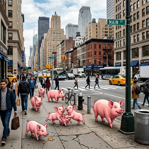 Vibrant City Scene with Animated Pink Pigs | Urban Exploration