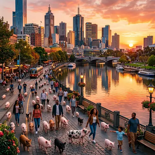 Whimsical Cityscape with Roaming Pigs | Urban Harmony Scene
