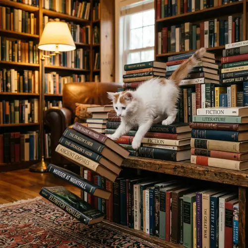 Humorous Turkish Van Kitten Bookshelf Adventure