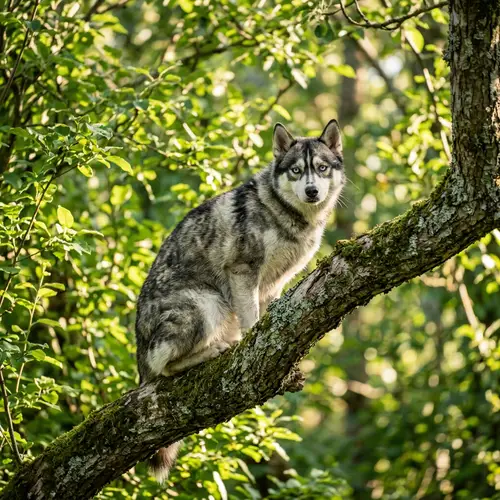 Striped Husky Cat on Tree | Vibrant Coat & Striking Eyes