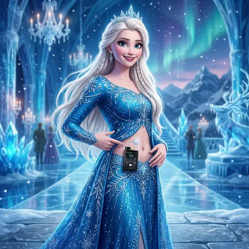 Fictional Ice-Themed Female Character with Minimed 780g Insulin Pump
