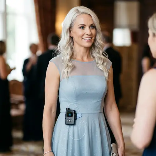 Elegant Woman with Platinum Blonde Hair and Minimed 780G Insulin Pump