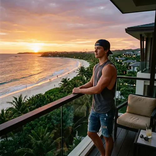 American Teenager with Ripped Abs at Luxury Hotel Balcony
