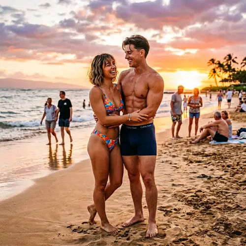 Caucasian American Couple with Korean Hairstyles on Beach at Sunset