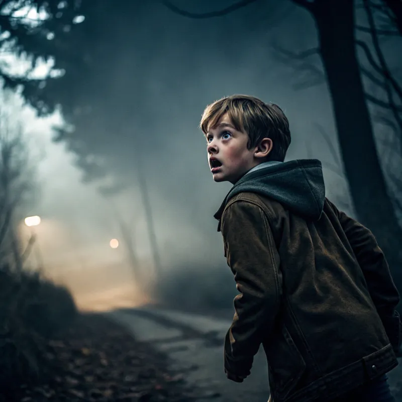 Terrified Boy Running in Horror Scene