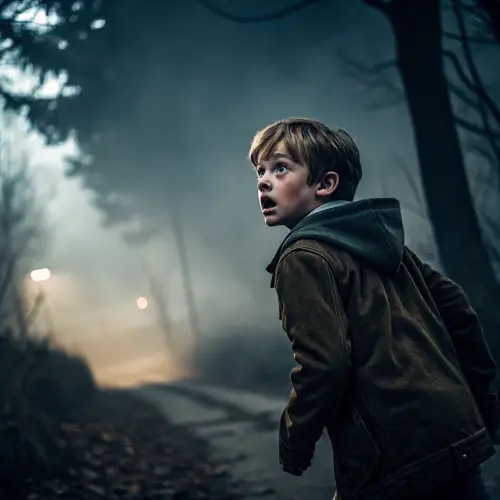 Terrified Boy Running in Horror Scene