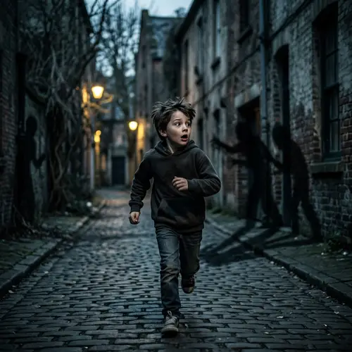 Terrified Boy Running in Horror Scene