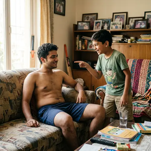 South Asian Young Man in Playful Scene with Brother