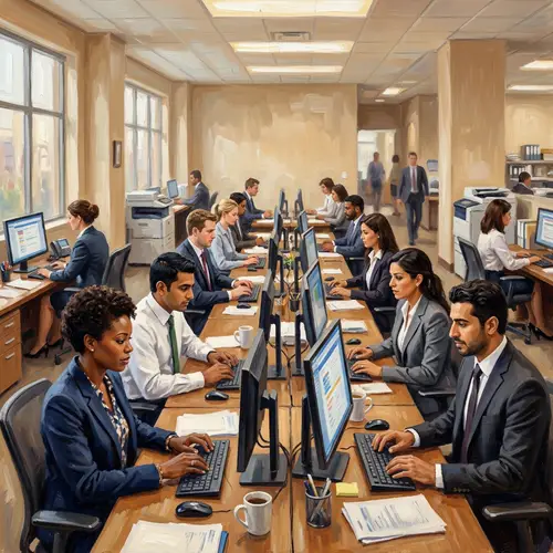 Diverse Group of Business Professionals Working in Beige Office Setting