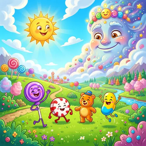 Colorful Cartoon Candies in a Sunny Scene